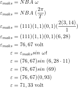 \begin{aligned}\varepsilon_{maks}&=NBA\text{ }\omega\\\varepsilon_{maks}&=NBA\text{ }(\frac{2\pi}{T})\\\varepsilon_{maks}&=(111)(1,1)(0,1)(\frac{2(3,14)}{1})\\\varepsilon_{maks}&=(111)(1,1)(0,1)(6,28)\\\varepsilon_{maks}&=76,67\text{ volt}\\\varepsilon&=\varepsilon_{maks}sin\text{ }\omega t\\\varepsilon&=(76,67)sin\text{ }(6,28\cdot 11 )\\\varepsilon&=(76,67)sin\text{ }(69)\\\varepsilon&=(76,67)(0,93)\\\varepsilon&=71,33\text{ volt}\end{aligned}